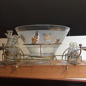 Vintage Starlyte 22K Gold Foil Leaf Glass Salad Bowl Accessory Serving Tray Set